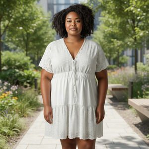 SHEIN Dress Womens Large Eyelet Lace Short Sleeve Tiered Boho Casual